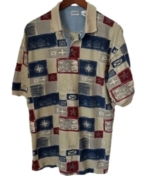VTG Bugle Boy Y2K Collared Polo Shirt Sail Boat Nautical Short Sleeve L Preppy - Picture 1 of 7